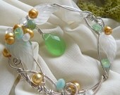 Sterling Silver Wirewrapped Frosted Leaf and Pearl Brooch Pin Fibula