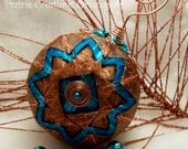 Folded Ribbon Quilted Christmas Ball Ornament Sparkling Copper and Turquoise Artisan Design
