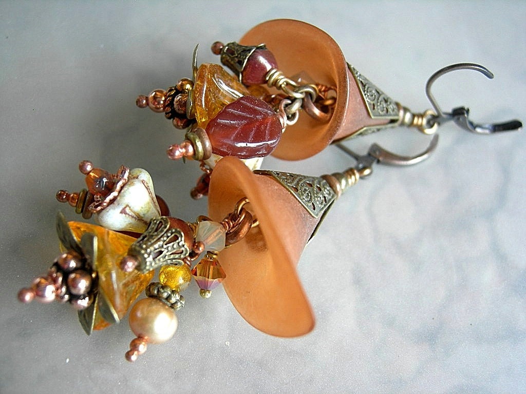 Artisan Earrings, Cornucopias, Amber, Orange, Floral Clusters, Resin Flowers