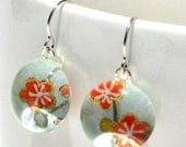 aqua blossom geisha gem danglies - glass and Japanese chiyogami earrings with eco friendly Argentium sterling silver