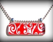 Red Pendant Silver Swirl. Glass Bar Pendant Necklace. Japanese Chiyogami: In Love With Ruby