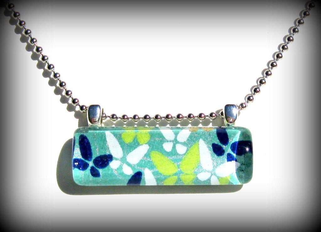 Butterfly Glass Pendant Necklace. Looking Glass. Mint Green Necklace. Bar Necklace Charm : Butterfly Release