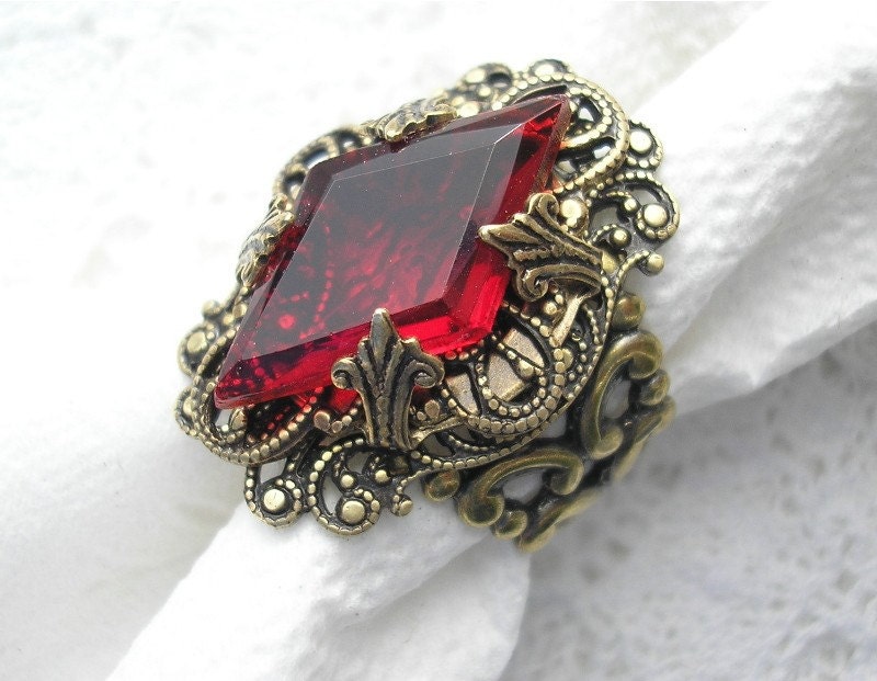Opening Night - Vintage Style Ruby Glass and Brass Ring
