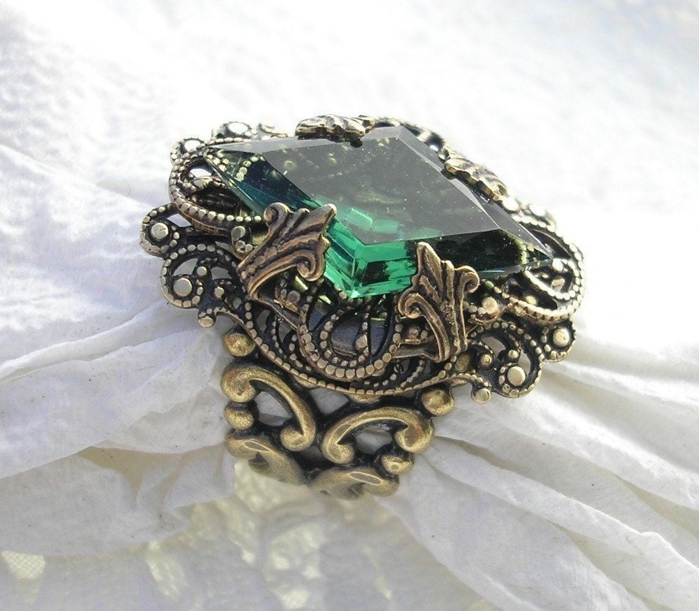 Whispering Pines - Vintage Tourmaline Glass and Antiqued Brass Ring