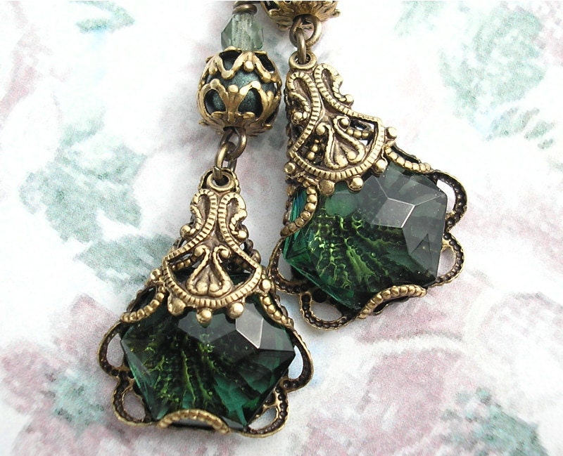 Filigree Pines - Tourmaline Glass in Antiqued Brass Earrings