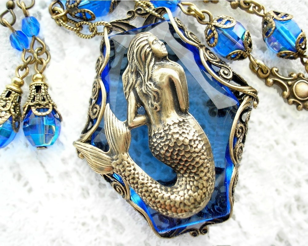 Sapphire Seas - Mermaid Necklace Set - Blue Glass and Antiqued Brass
