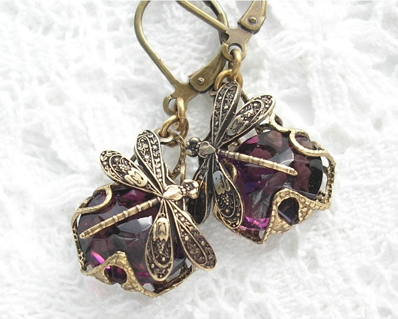 Amethyst Dragonfly Filigree Wrapped Earrings - Available in Clip-Ons