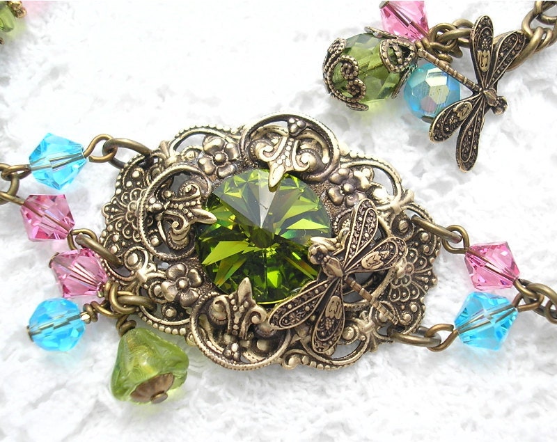 Enchanted Forest - Olivine Dragonfly Bracelet with Swarovski Rivoli Crystal