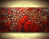 ORIGINAL Large Abstract Gold Red Tree Painting Textured Modern Palette Knife Art  by Susanna 48x24