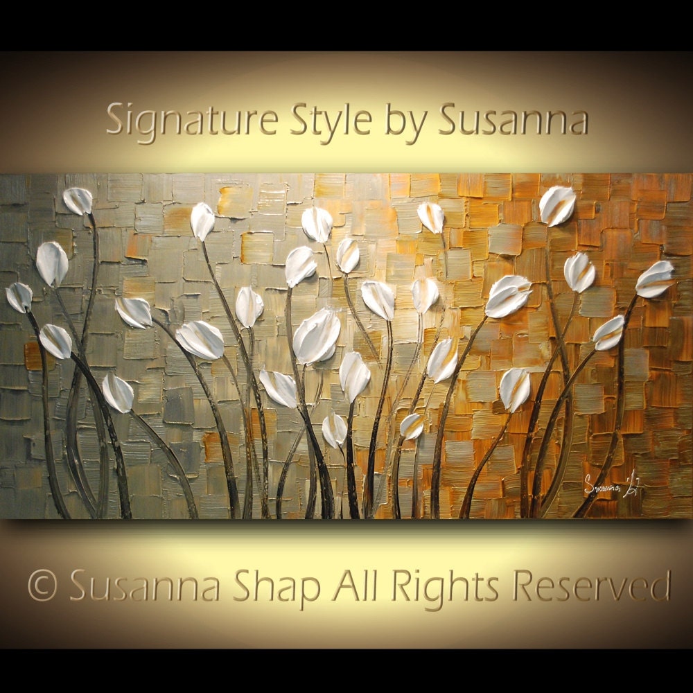 ORIGINAL Large Impasto Landscape Abstract Grey Tan White Tulips Oil Painting Modern Palette Knife Art by Susanna 48x24