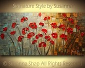 ORIGINAL Large Abstract Blue Brown Red Poppies Impasto Landscape Oil Painting by Susanna 48x24 Ready to Hang