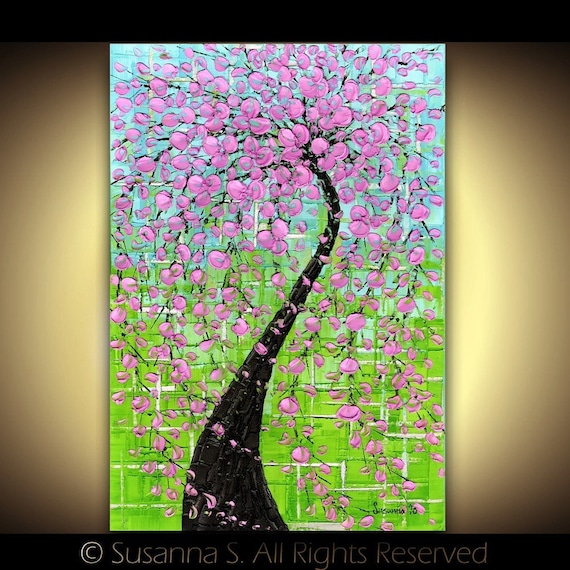 Large Modern pink cherry blossoms tree on green turquoise- by Susanna 24x36 FINE ART PRINT