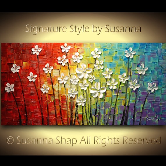 ORIGINAL Large Abstract Contemporary White Flowers Landscape Heavy Texured Modern Multicolored Painting by Susanna Ready to Hang 48x24