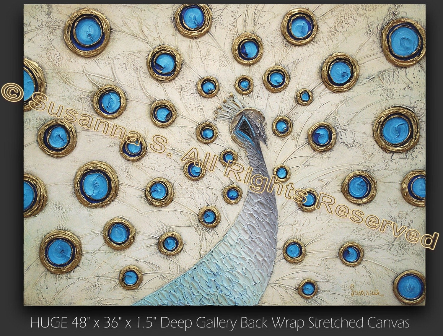 ORIGINAL Abstract White Peacock Painting Huge Contemporary Sculpture on canvas by Susanna 48x36