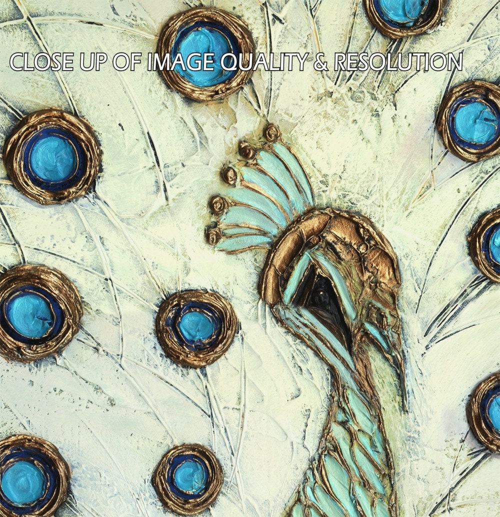 Large Abstract modern white blue peacock contemporary Fine Art 36x24 PRINT