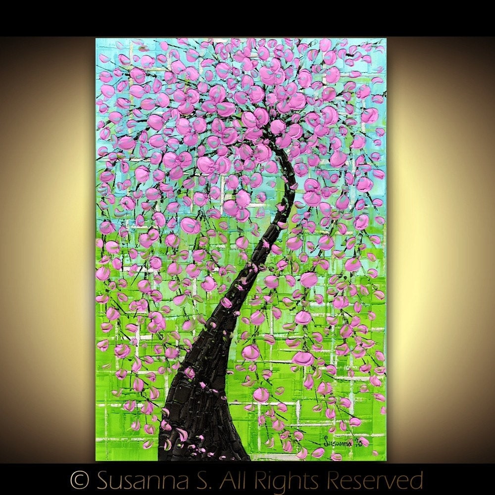 Large Modern pink cherry blossoms tree on green turquoise- by Susanna 24x36 FINE ART PRINT