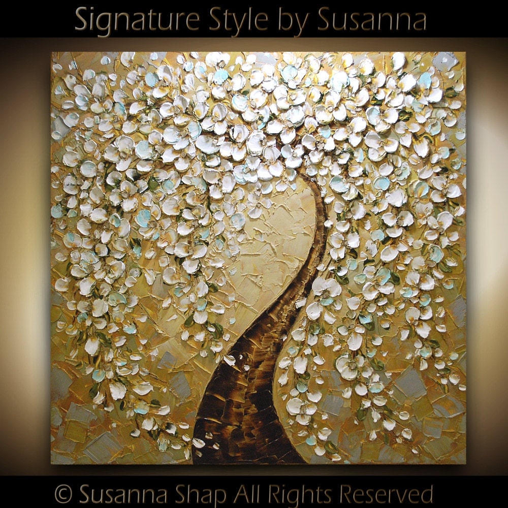 ORIGINAL Huge Abstract White Cherry Blossom Tree Landscape Oil Painting Thick Texture Gallery Painting 36x36 Ready to Hang by Susanna