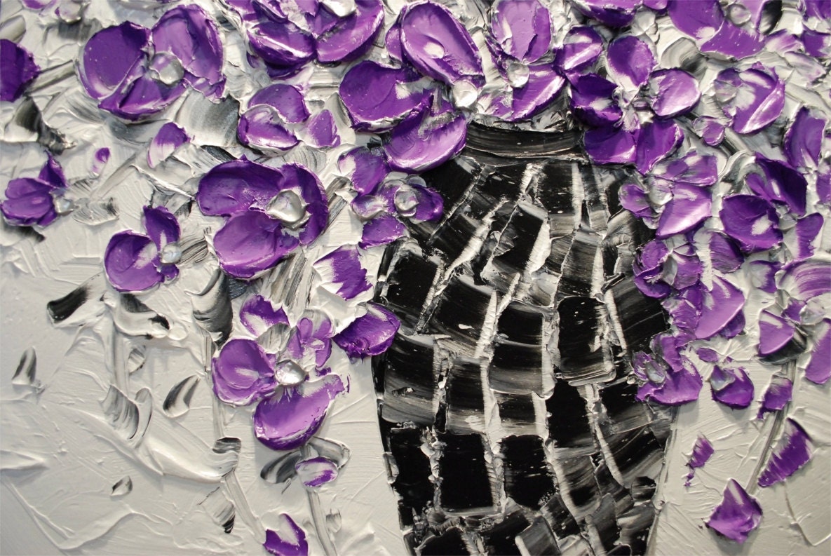 ORIGINAL Contemporary Purple Flowers Bouquet in Vase Thick Impasto Textured Oil Painting by Susanna