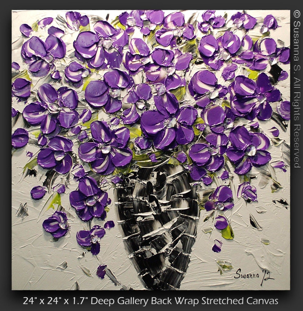 ORIGINAL Contemporary Purple Flowers Bouquet in Vase Thick Impasto Textured Oil Painting by Susanna