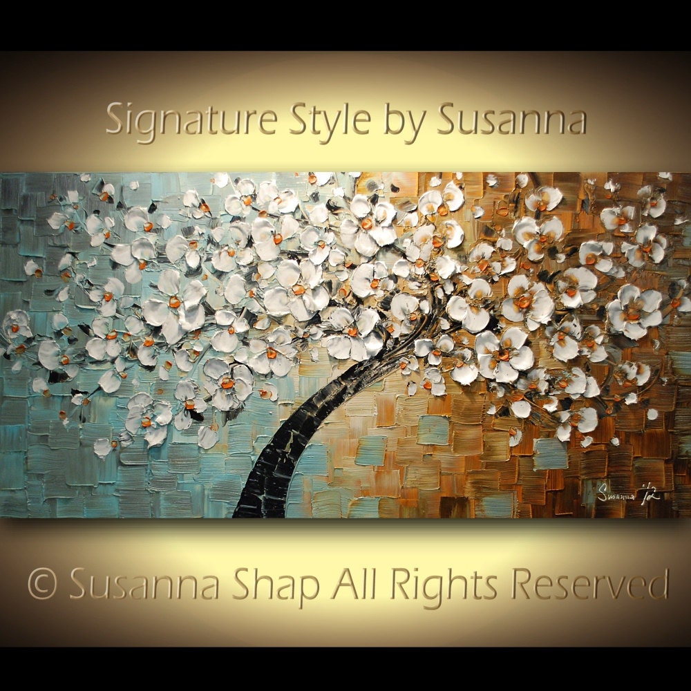 ORIGINAL Large Abstract Contemporary White Cherry Blossom Tree Oil Painting Thick Texture Gallery Fine Art by Susanna Ready to Hang 48x24