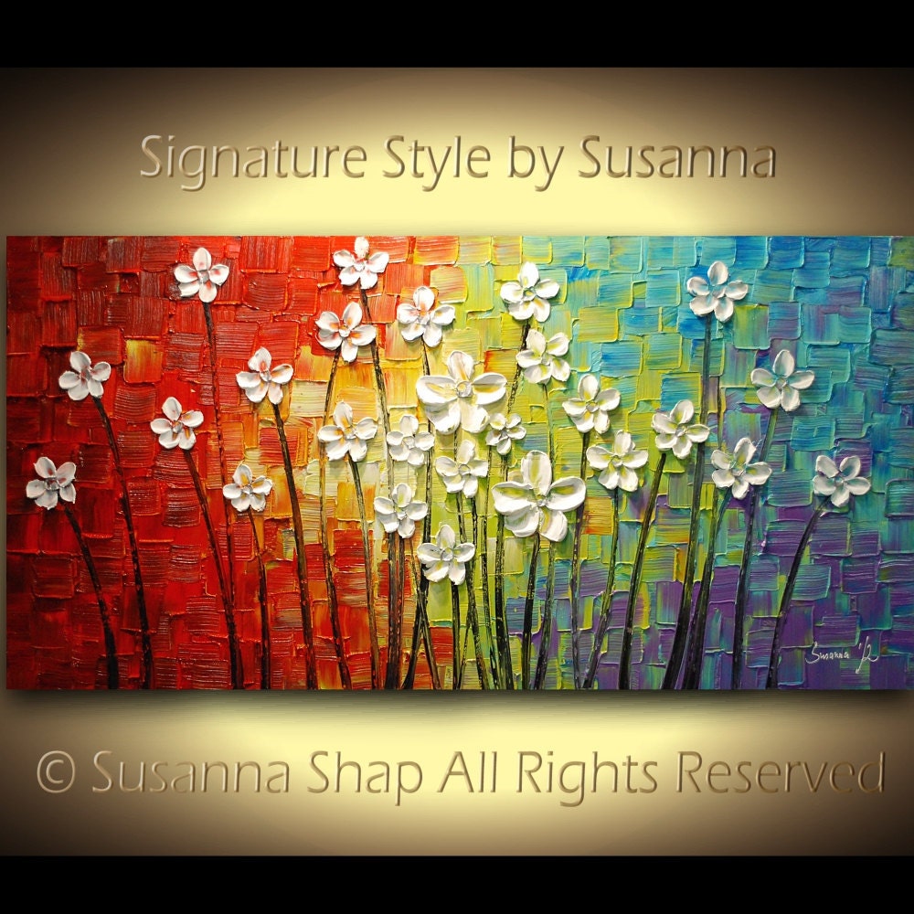 ORIGINAL Large Abstract Contemporary White Flowers Landscape Heavy Texured Modern Multicolored Painting by Susanna Ready to Hang 48x24