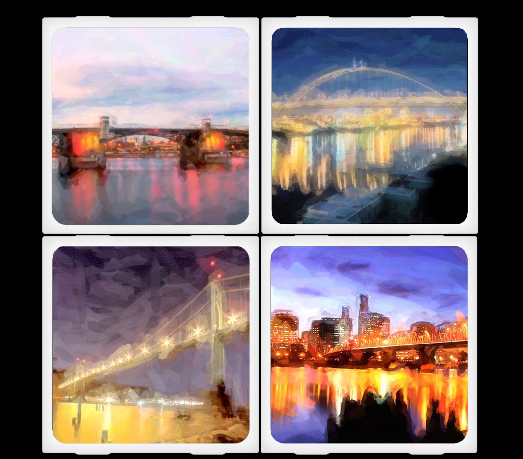Portland Painted Bridges Noir - Ceramic Coaster Set