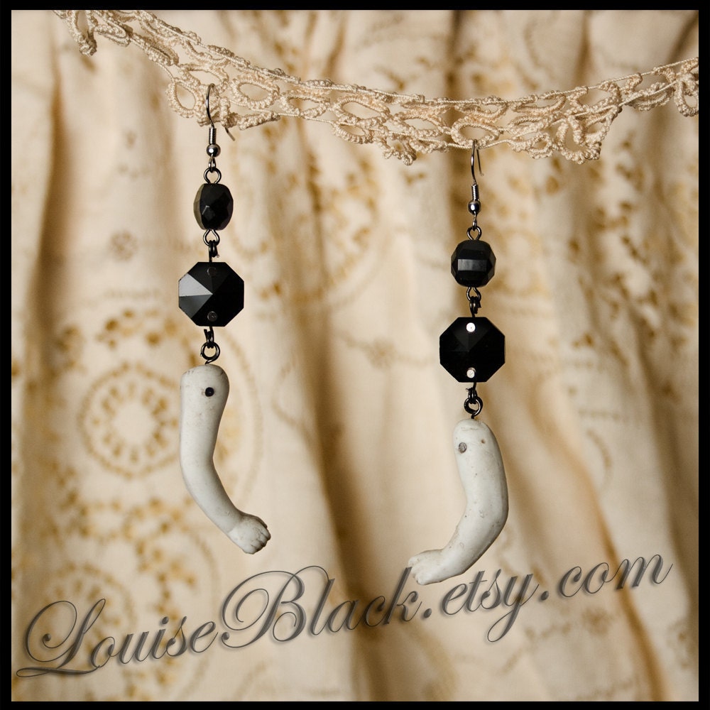 Antique Glass Prism and Ceramic Doll Arm Earrings by Louise Black