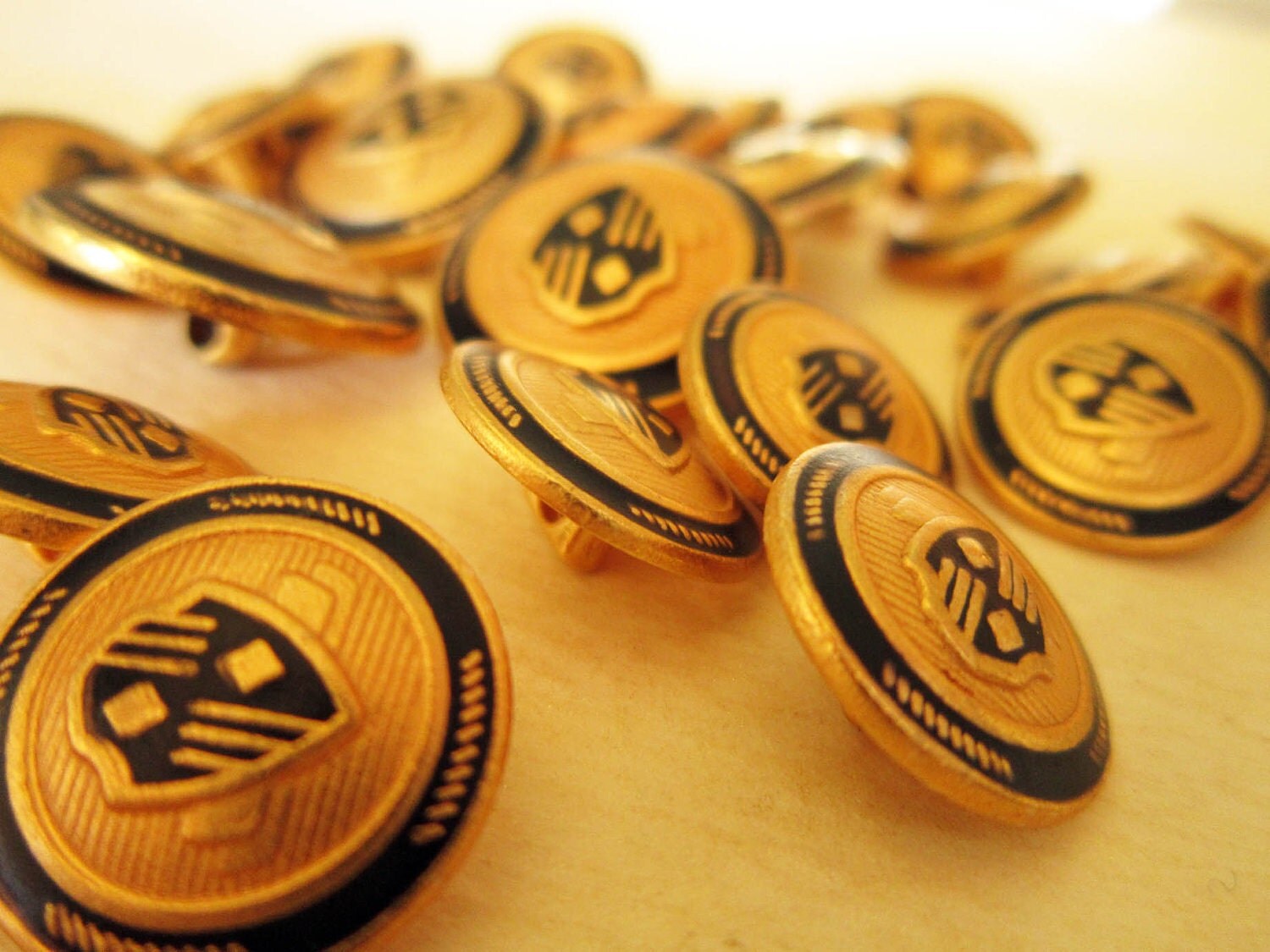 Vintage Gold Metal Buttons - Heraldic Shield Symbol Set