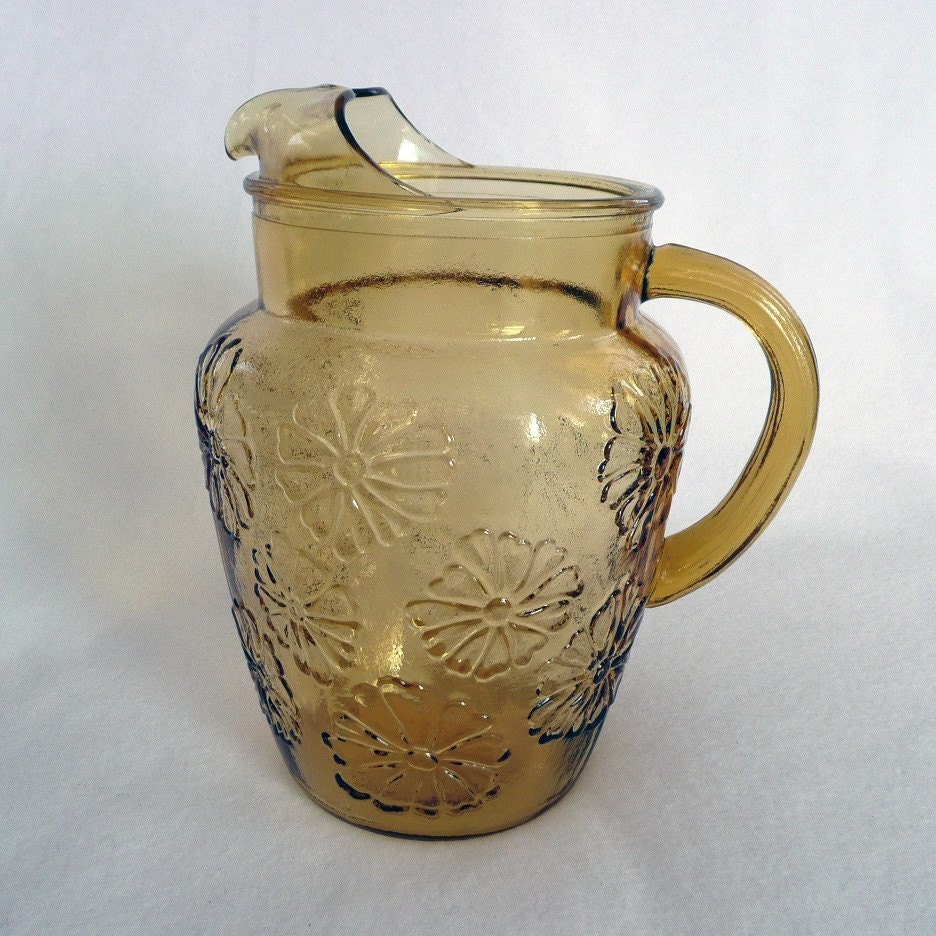 Daisy Flower Pitcher Amber Glass Vintage