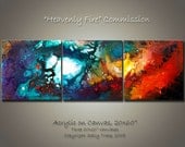 Commissioned Original Painting after Heavenly Fire, 20x60 inch Abstract 3 canvas painting by Sally Trace MADE TO ORDER