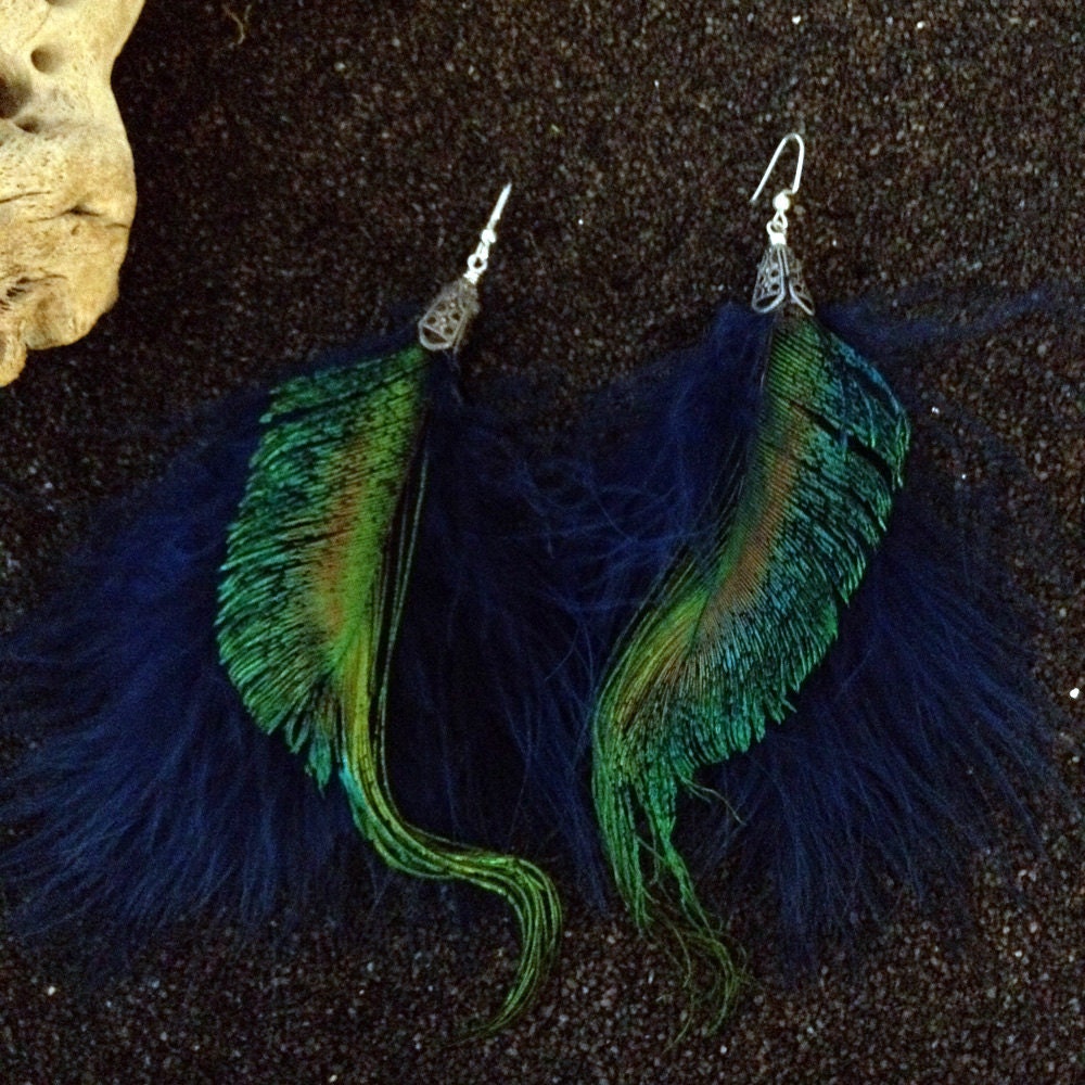 Royal Blue Marabou and Peacock Feather Earrings