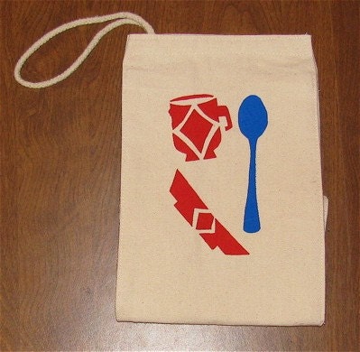 Red Bowl and Mug with Blue Spoon Canvas Lunch Sack