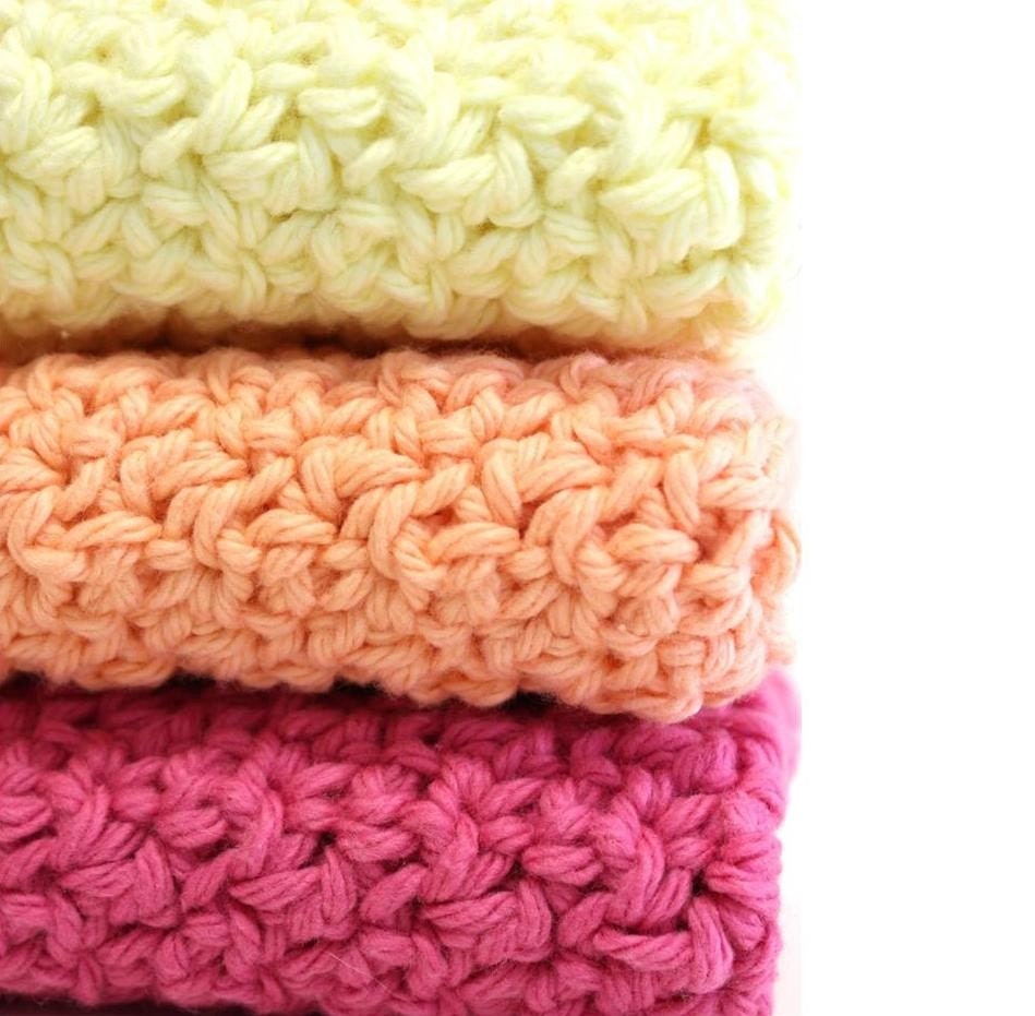 Set of 3 Handmade Crochet Dish Cloth Cotton Wash Cloth yellow orange pink