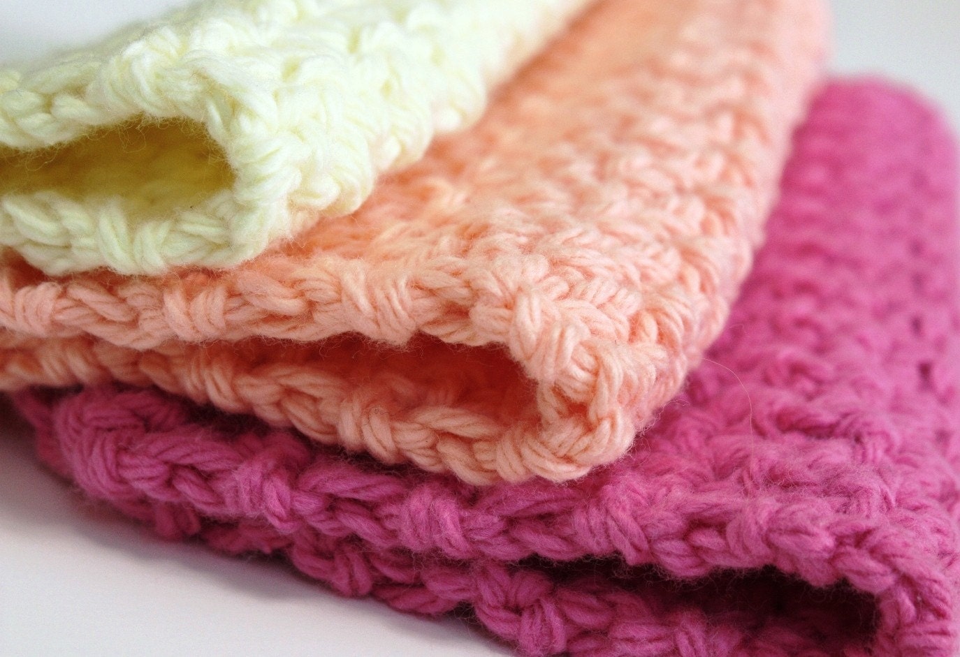Set of 3 Handmade Crochet Dish Cloth Cotton Wash Cloth yellow orange pink
