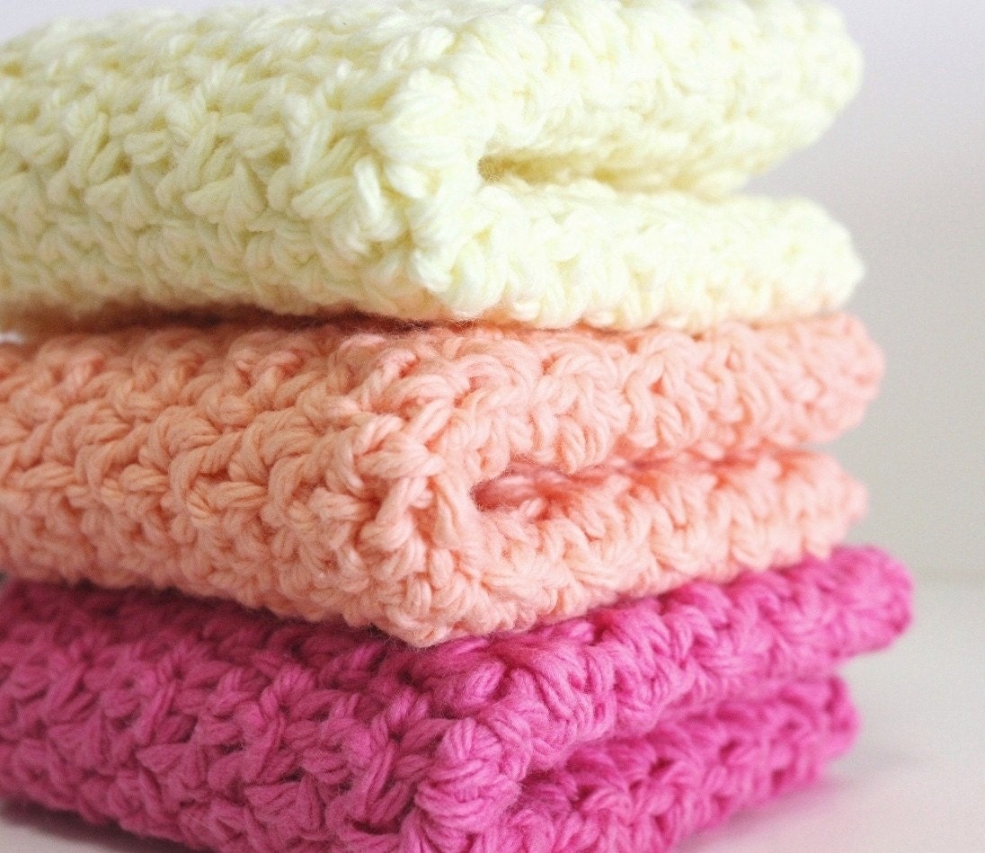 Set of 3 Handmade Crochet Dish Cloth Cotton Wash Cloth yellow orange pink