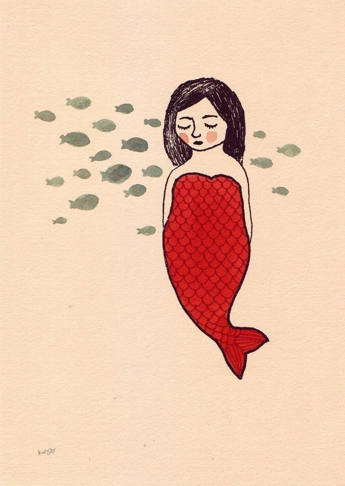red mermaid with fishes gocco screen print