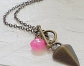 Fuchsia Chalcedony Antique Brass Arrow Necklace