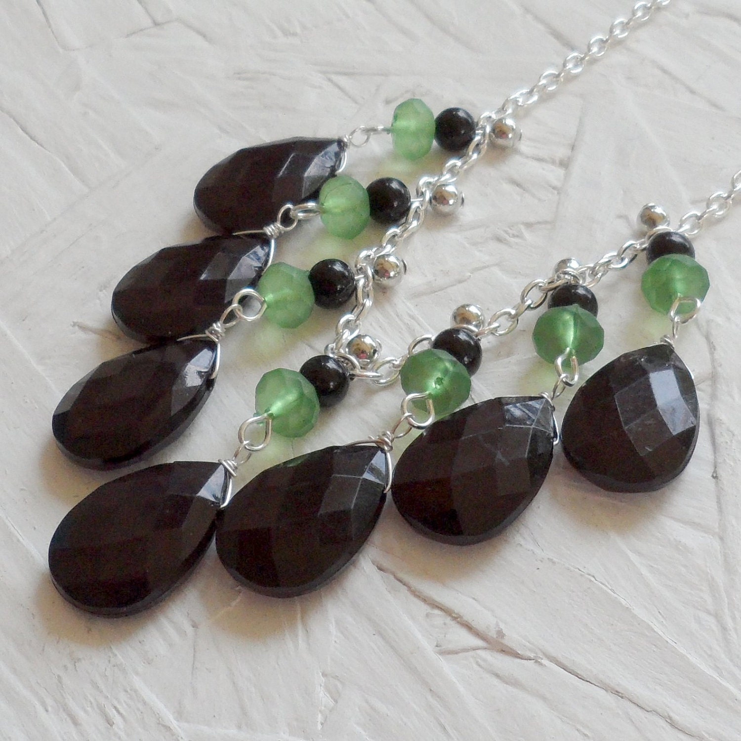 Black and Green Silver Bib Necklace