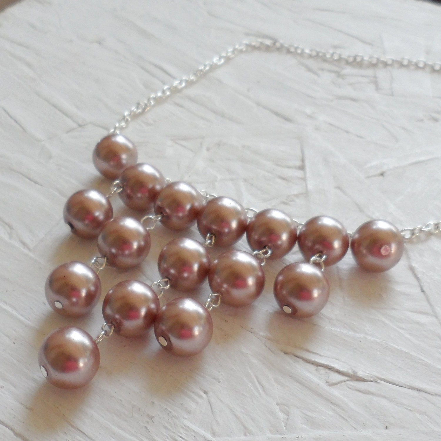 Mauve Glass Pearl Silver Bib Necklace
