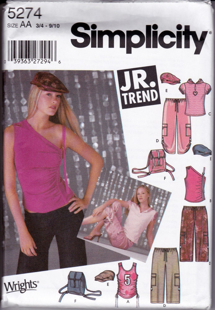 Misse's Junior's Teen's Tank Tops, Short Sleeve, One Shoulder, Pants, Capris, Sewing Pattern Simplicity 5274 Size AA 3/4, 5/6, 7/8, 9/10