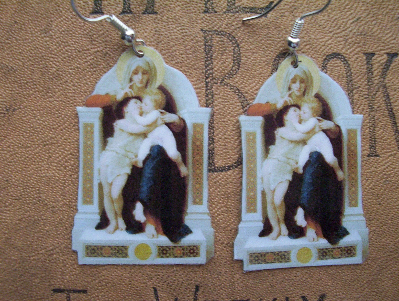 Bouguereau Virgin Mary, Infant Jesus, and John the Baptist Painting Image Cutout Earrings