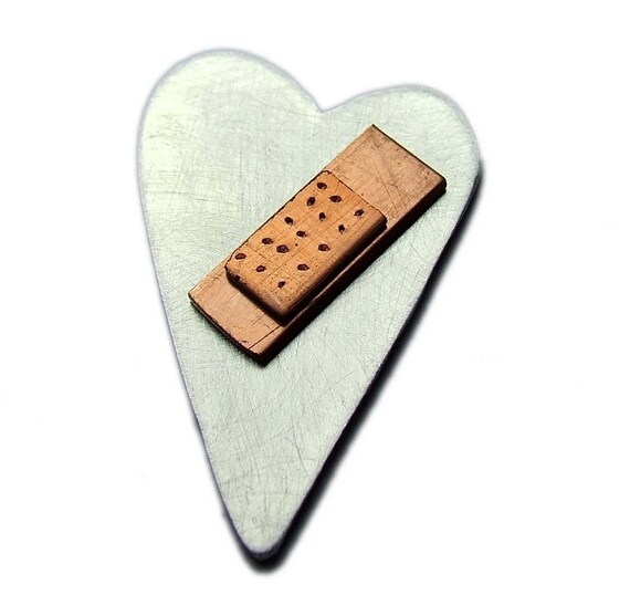 Sterling silver heart pendant with copper band aid For necklace or key chain - My broken heart