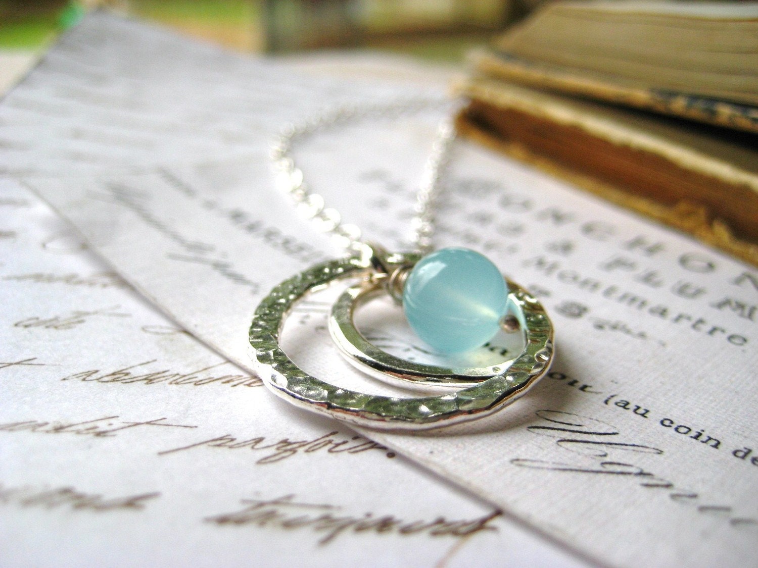 fine silver necklace Eternal Love circles hammered aqua seafoam chalcedony gemstone rolo chain womens jewlery