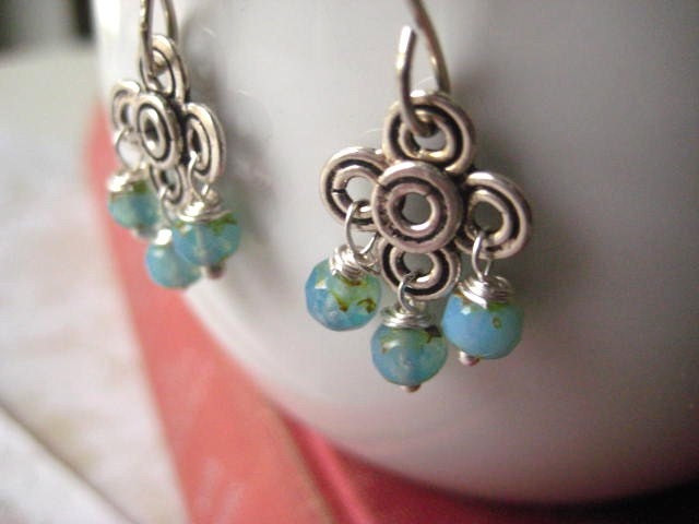 aqua earrings Gypsy Dangles sterling silver Czech glass glowing beads
