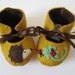 LIMITED EDITION-BEAUTIFUL GOLD AND CHOCOLATE BABY BOOTIES WITH CUTE HEDGEHOG, CLOVER AND LADYBIRD JAPANESE FABRIC S0LES