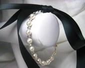 Ribbon Necklace, Bridal Bracelet, Swarovski White Pearl, Crystal, Wedding Ribbon Bracelet, Bridesmaids Bracelet, Flower Girl Bracelet