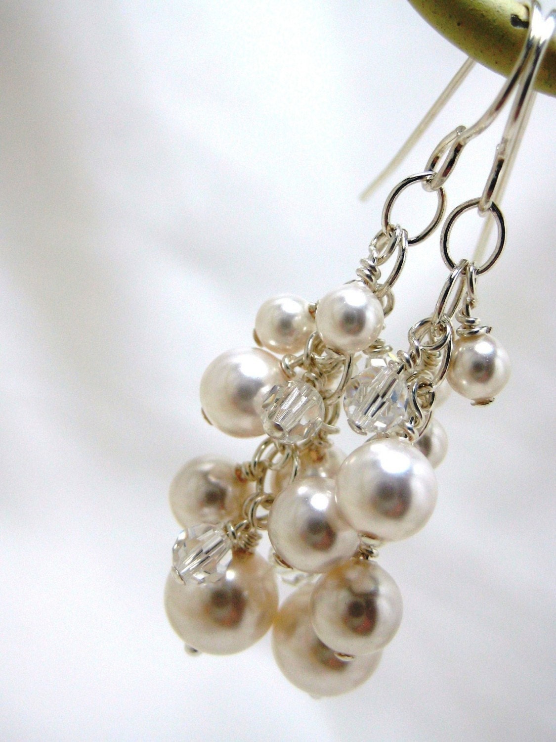 Bridal Earrings, White Pearl Crystal Cluster Earrings, Dangle Bridal Jewelry, Wedding Jewelry, Amber E240