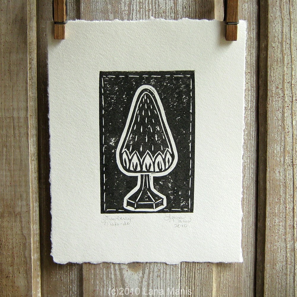 Black and White Strawberry Make-Do Pincushion Block Print - inspired by 19th century folk art object