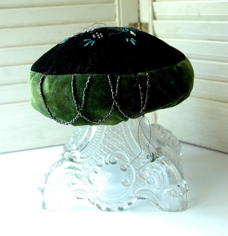 SALE 19th Century Antique Ornate Victorian Make-Do Pincushion Emerald Green and Black Velvet with Glass Beads