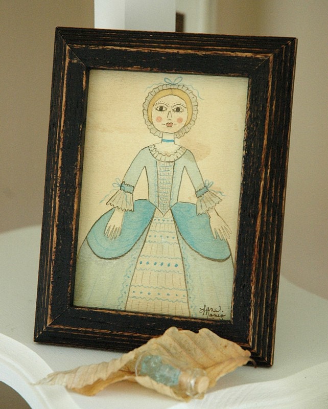 Petite Poppet Original Watercolor - inspired by English wooden Queen Anne dolls of the 18th century